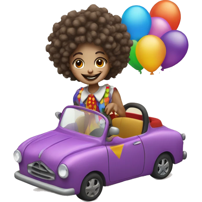 girl with curly hair that is dressed a clown with a clown nose driving car emoji
