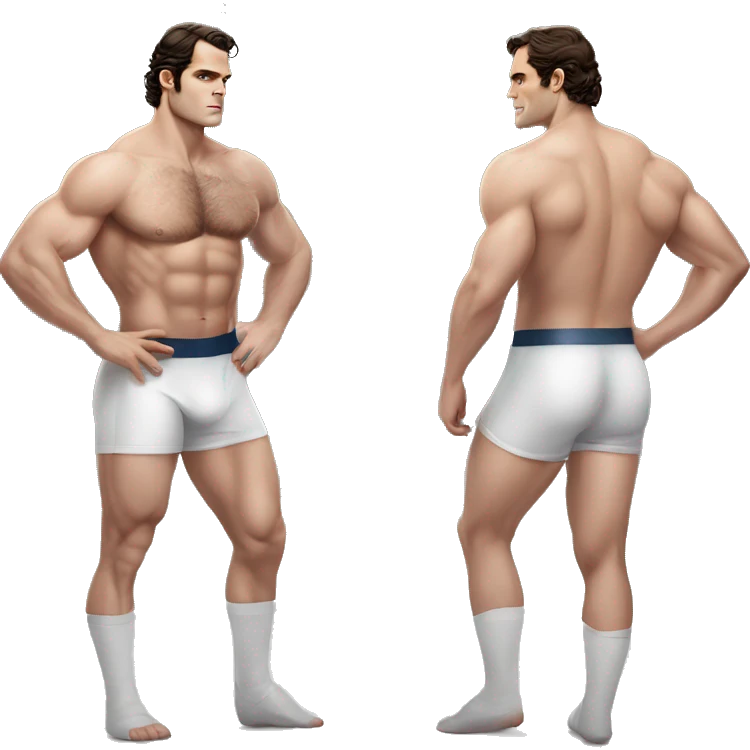 Henry cavill in a jock, backwards view, infront of guy, helping stretch, backwards view emoji