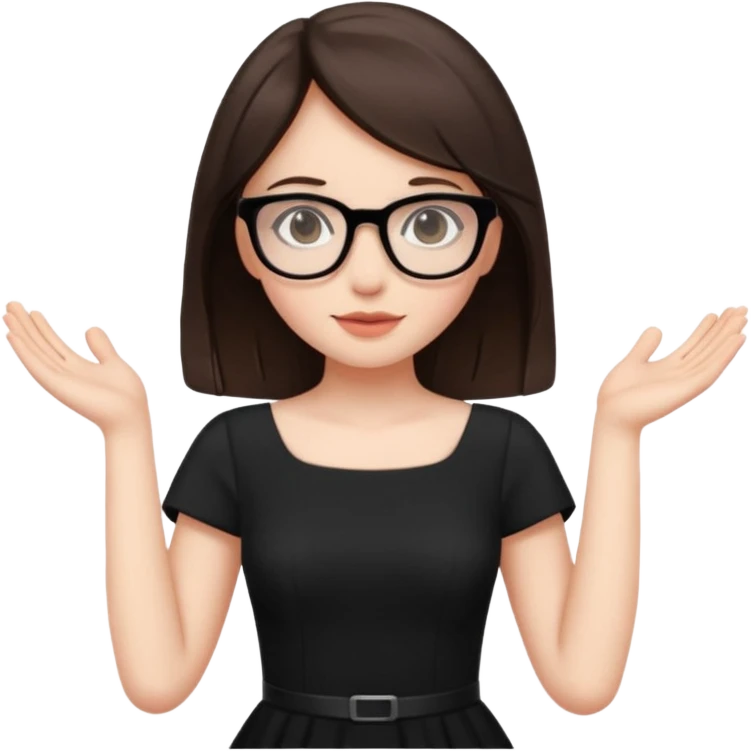 a cute brunette girl in a black dress wearing glasses  with two hands  emoji