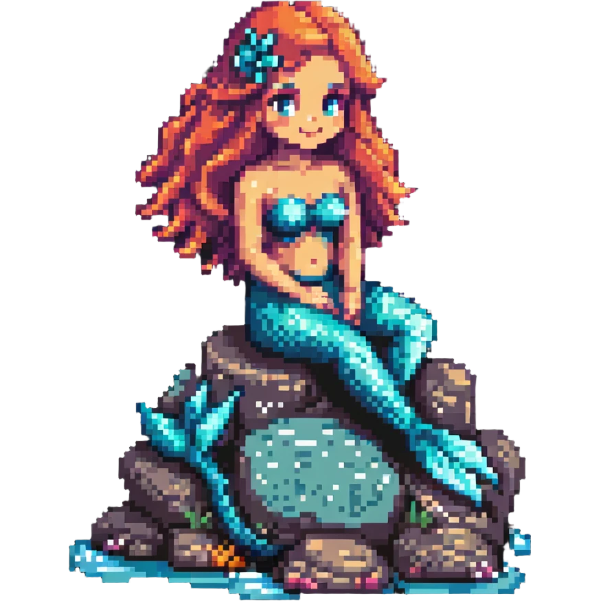 mermaid sitting on a rock underwater, pixel art style, retro look emoji