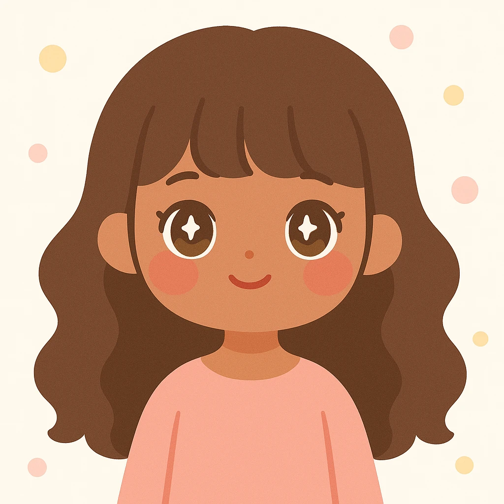 pretty girl with medium skin, pink cheeks, large hazel eyes, long wavy brown hair with bangs, soft nose, red lips, feminine face, wearing a pink dress emoji
