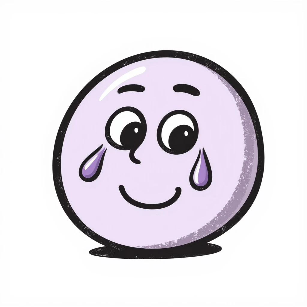 smiling face with tears emoji, hand-drawn chalk style, soft lilac color palette, rough doodle-like texture, looks like pastel chalk on a dark surface, aesthetic and emotional, suitable for Telegram channel emoji