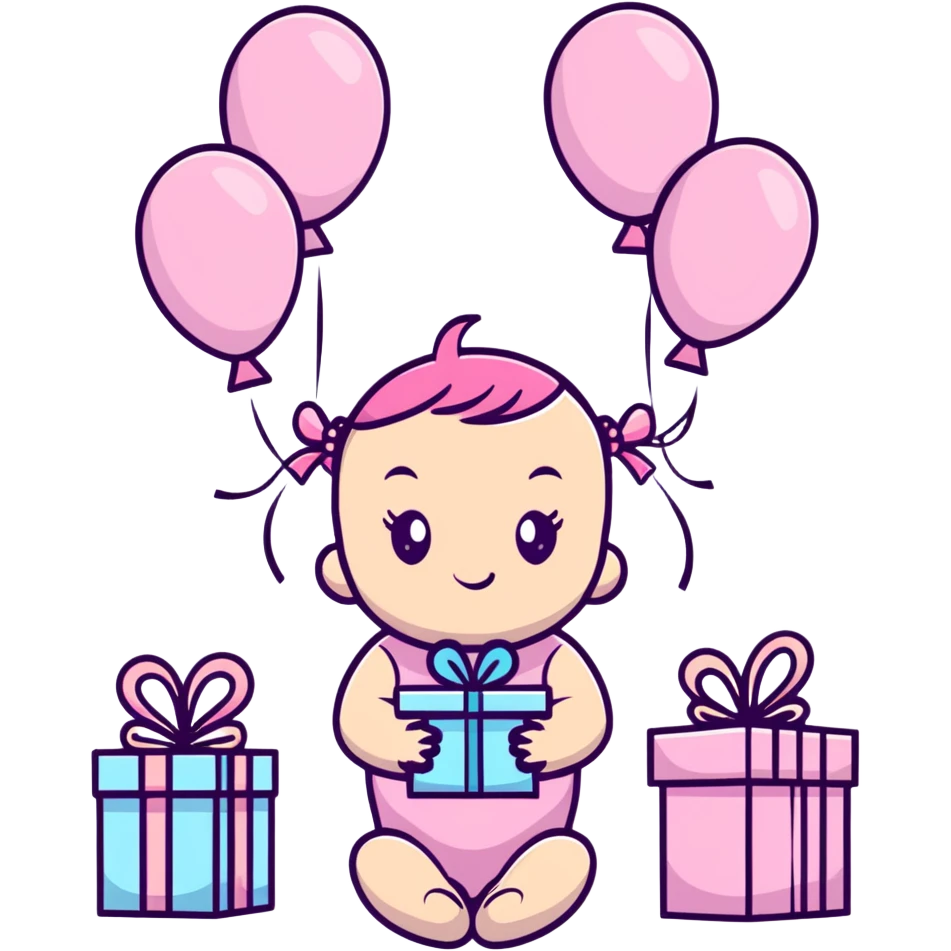 happy baby girl surrounded by pastel pink balloons and presents at birthday party emoji