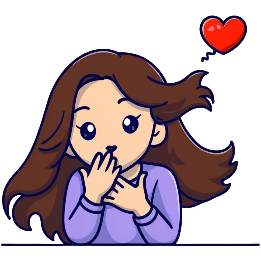 girl with long brown hair blowing a heart kiss emoji