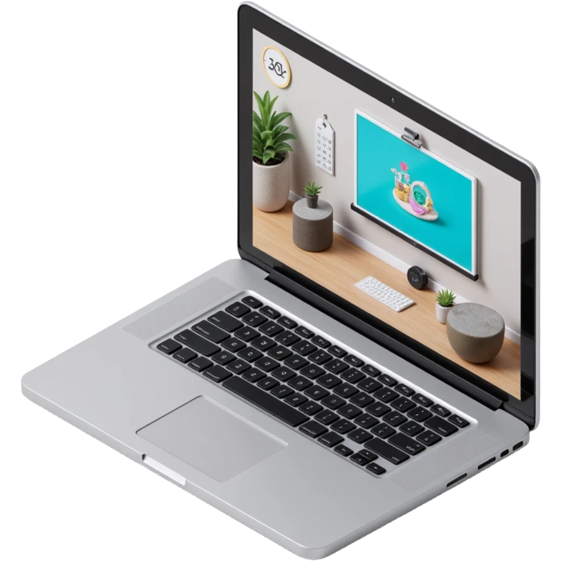 a laptop computer showing a virtual classroom, skeuomorphism style, metallic body, 3D look, detailed screen, learning interface emoji