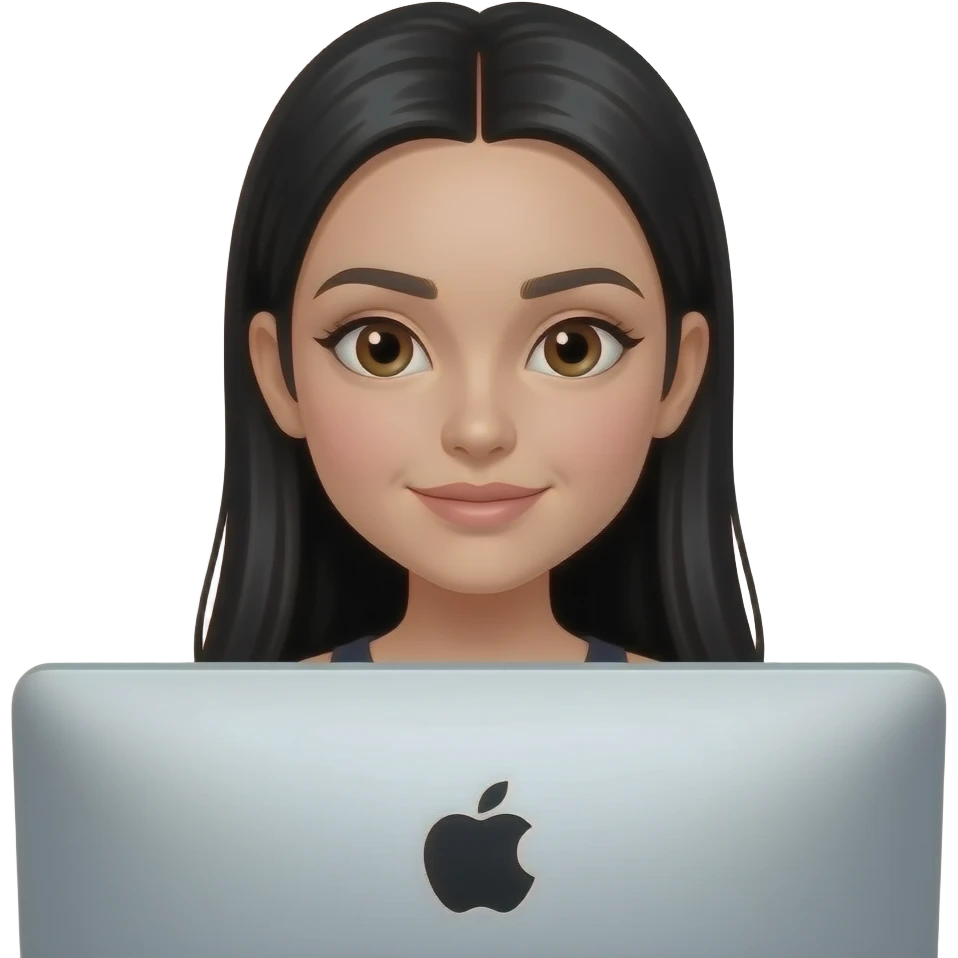 Chica guapa cejas gruesas pelo largo largo y negro liso, ojos cafés frente a una computadora apple emoji