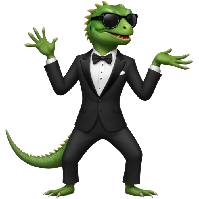 capitalist iguana banker in tuxedo and black sunglasses dancing emoji