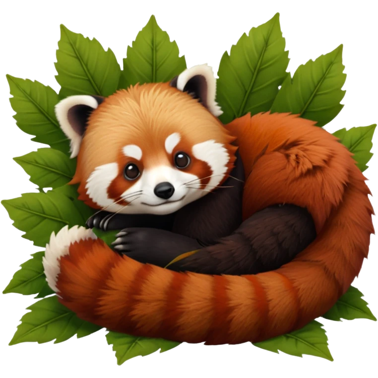 incredible cite ultra furry, hyperrealistic, red panda, napping curled up on a bed of different brown and green dried leaves, still life, isolated, must have a transparent background, 4k. Must not be poor quailty, must be high resolution, must not be blurry, no emoji faces, no emoji icons, dpi 300 emoji