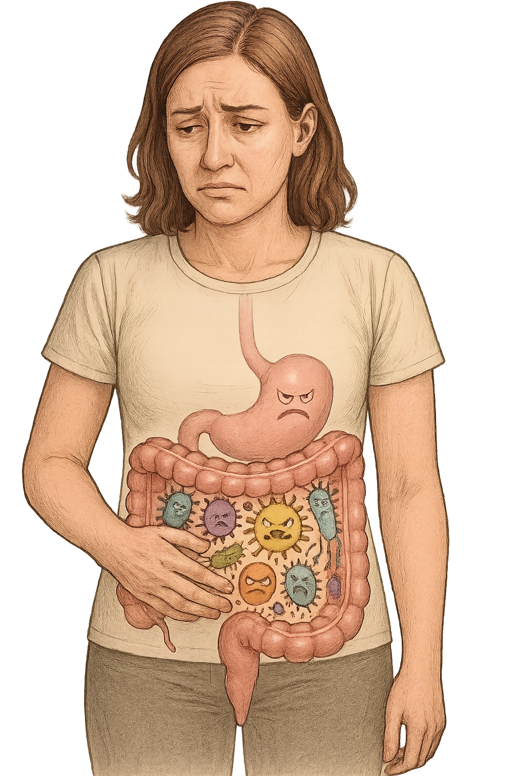 donna con batteri cattivi pieni nel suo intestino emoji