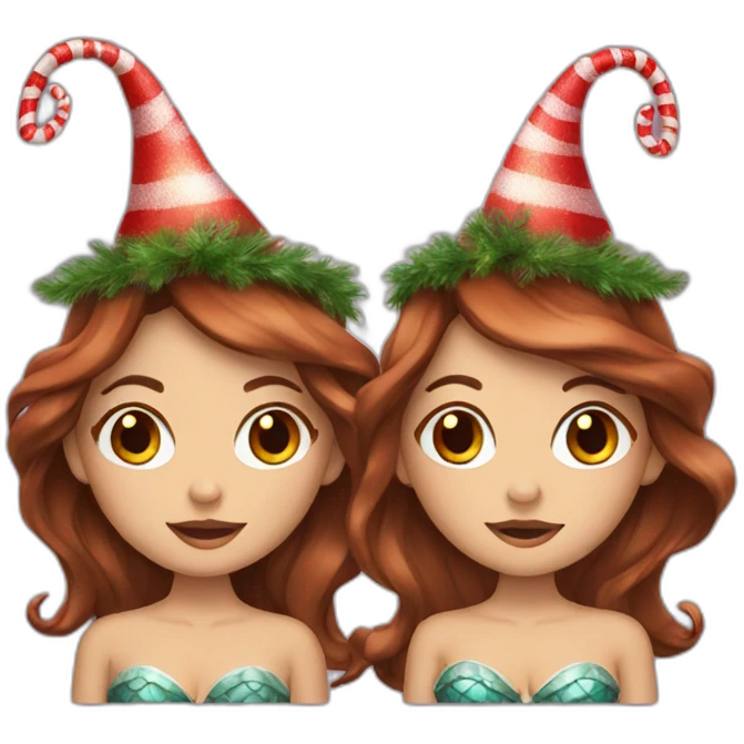 Two brown haired mermaids dressed for Christmas emoji