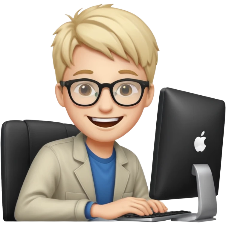 young programmer working at the computer, laughing emoji