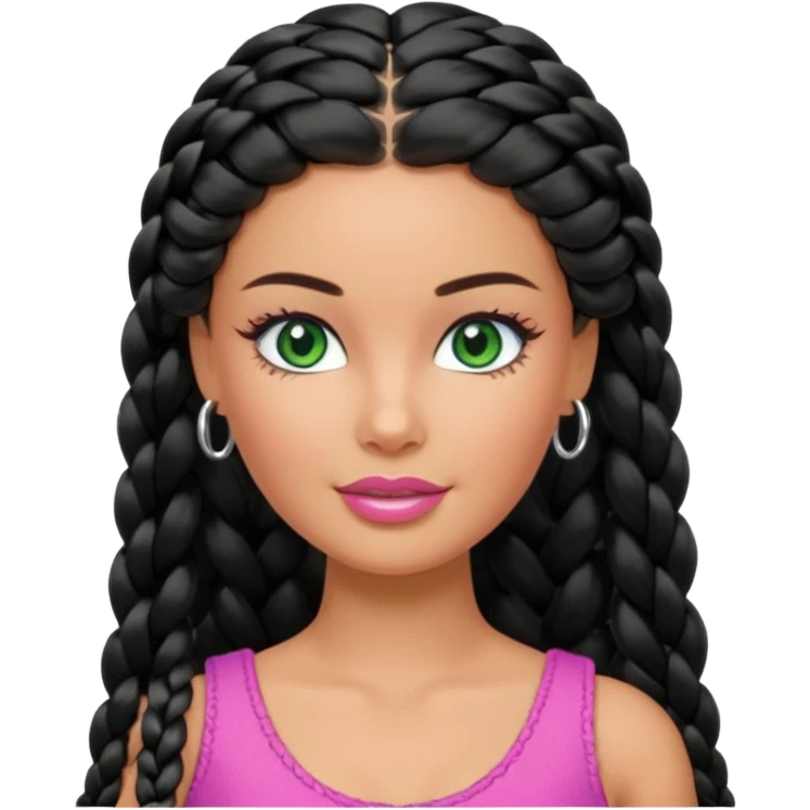 Barbie with olive skin, long black braided hair and green eyes and silver hoop earrings emoji