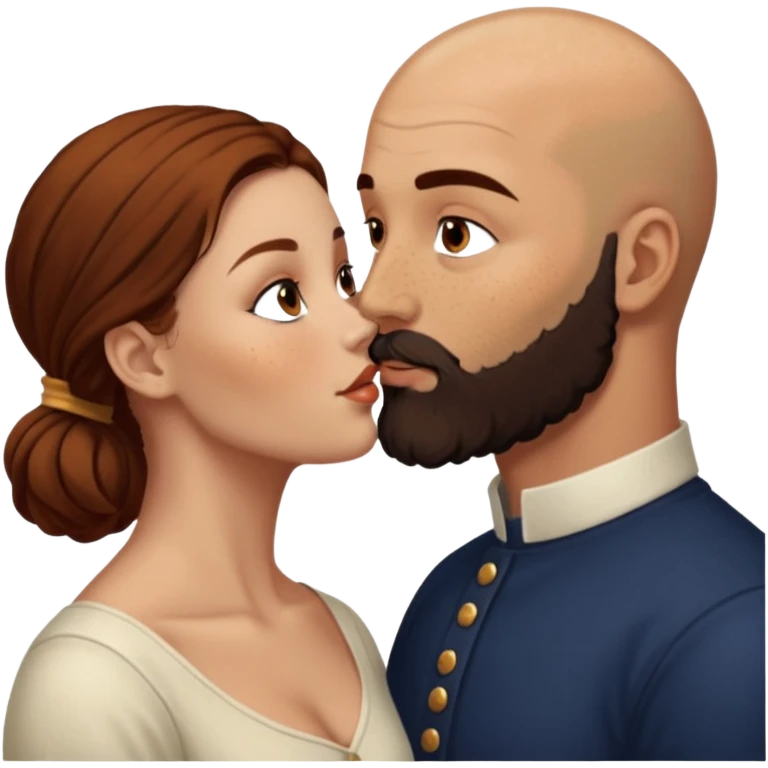 Couple. Bald man with dark brown-black beard. White woman with many small, faded freckles, she has white skin and she has auburn-brown-cinnamon, dark long hair. She has light brown eyes. The man have hazel eyes. She have light eyes. Retro style. She kisses him. Dark akademia. emoji