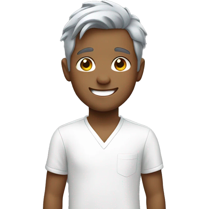 smiling boy in white shirt with grey hair  emoji