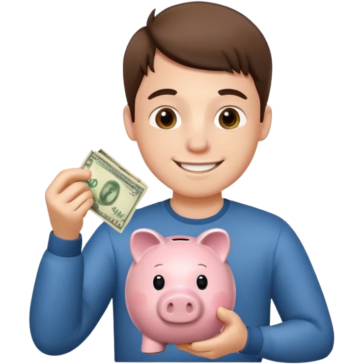A young guy puts money in a piggy bank. emoji