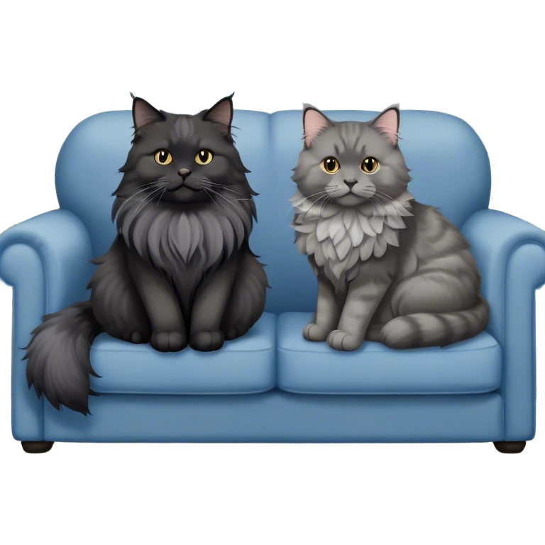 A large black smoke Maine Coon cat with long grey ear tufts and a fluffy grey ruff, sitting next to a chubby British Shorthair cat in blue color with plush fur, both sitting comfortably on a sofa. Beautiful room background with flowers and soft lighting. Transparent background. emoji