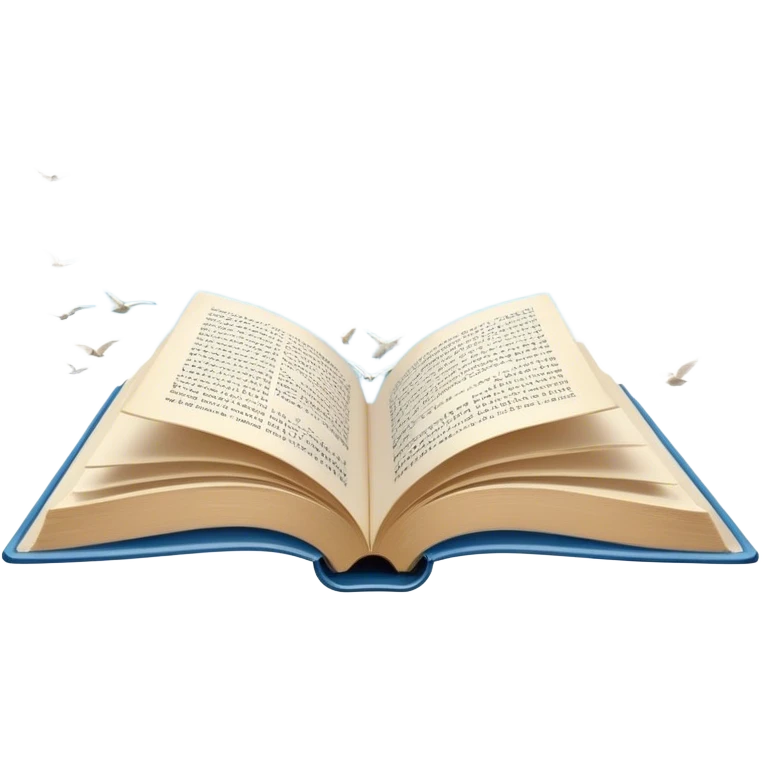 Icon for Poetry Reading: an open book with pages flying out, transforming into a large flock of small white birds soaring into the blue sky. The icon should evoke the freedom and beauty of poetic expression. Transparent background. emoji