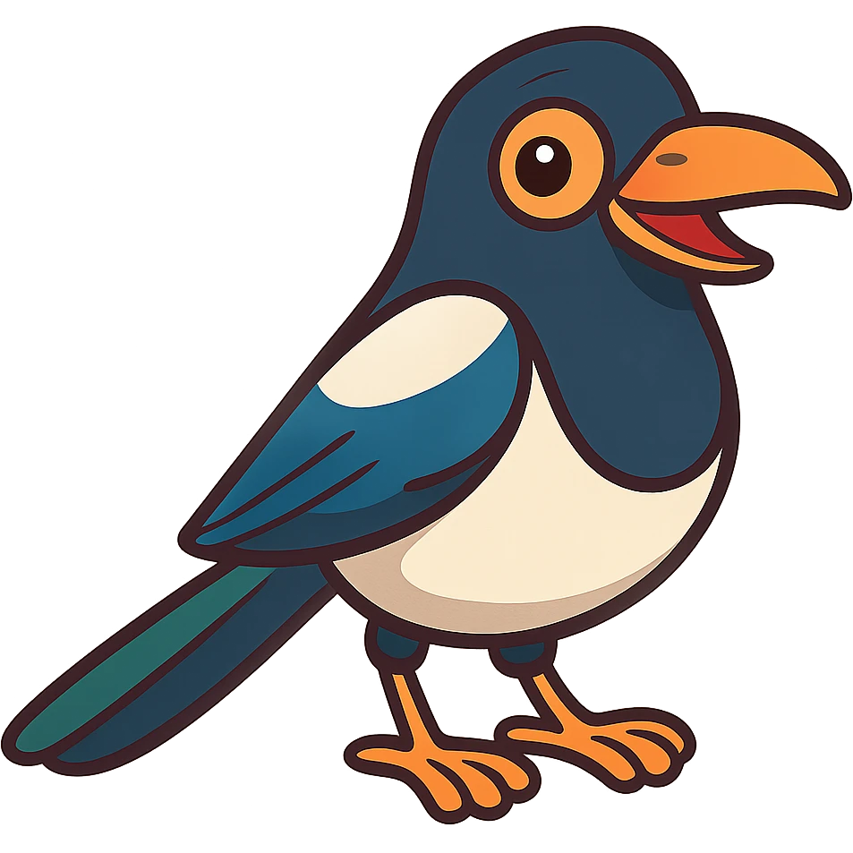 Eurasian magpie, cartoon style, bold colors, playful expression emoji