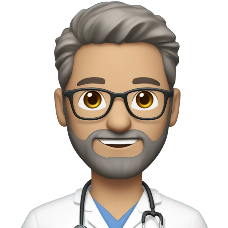 male dark blond haired doctor in scrub cap with grey van dyke beard with hazel eyes and small wire-rimmed glasses in blue scrubs holding a large paintbrush emoji