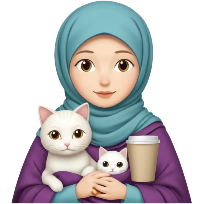 hijap bayan elinde kahve ve battaniyesi ve kucagında beyaz kedi emoji
