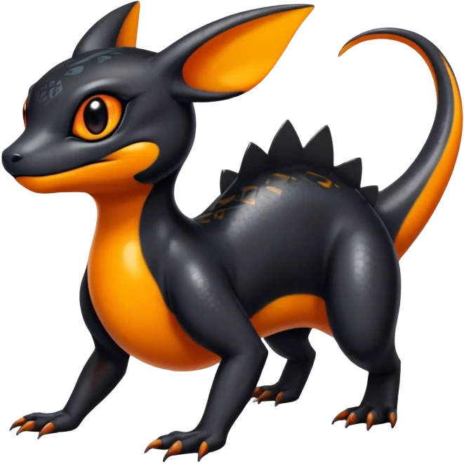 A shiny black Salandit-Umbreon-newt-hybrid-Fakémon-creature with orange belly emoji