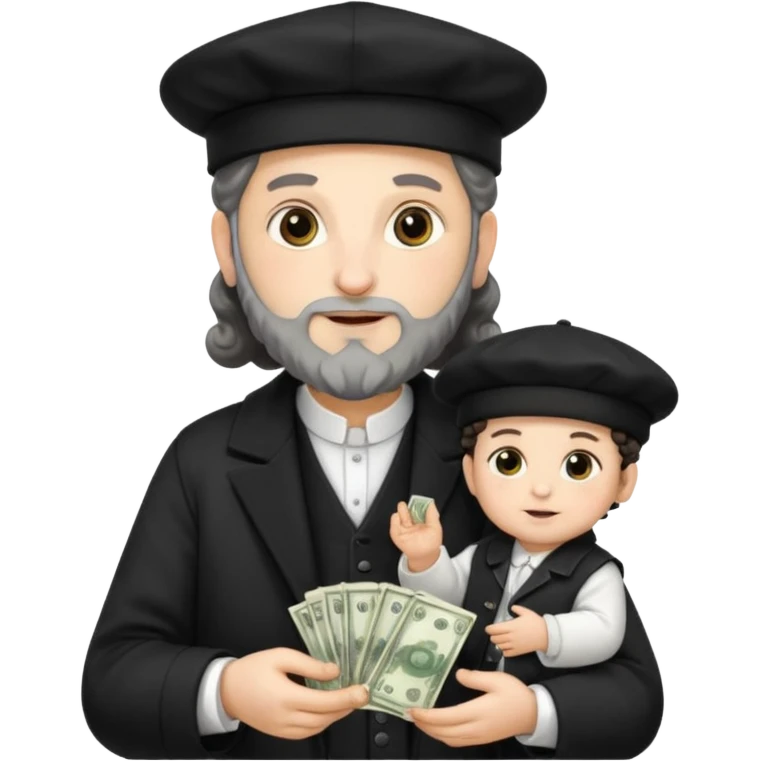 Jewish rabbi wearing traditional religious apparel with two side hair curls holding money and baby emoji