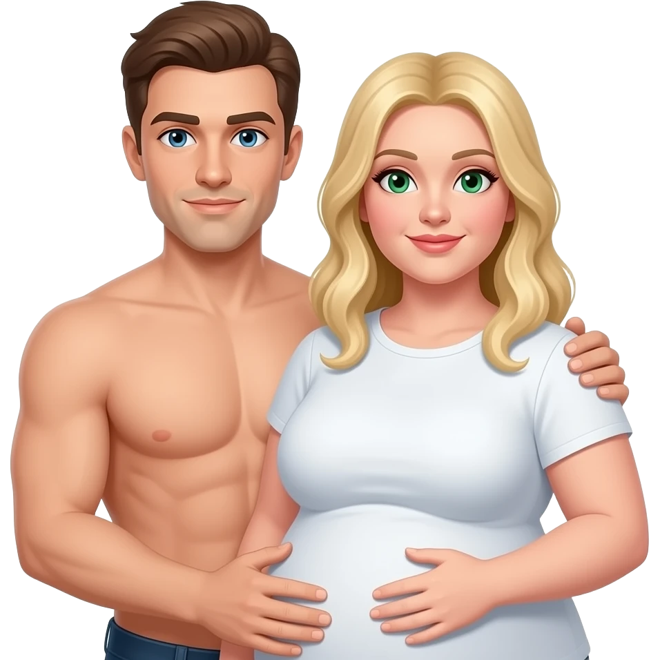 A naked average white male build with blue eyes and brown hair holding a heavy set white woman with blond hair and green eyes emoji