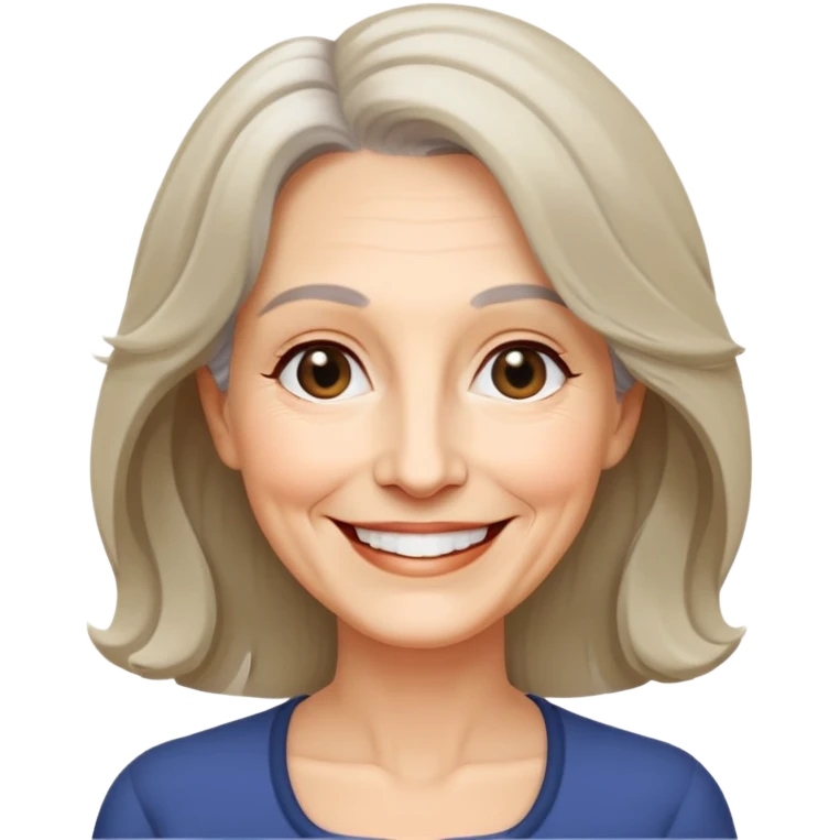 "- Nữ
- 60 tuổi
- Da trắng
- Tóc ngang vai, xoăn nhẹ
- Mặt cười tươi, mắt đen emoji
