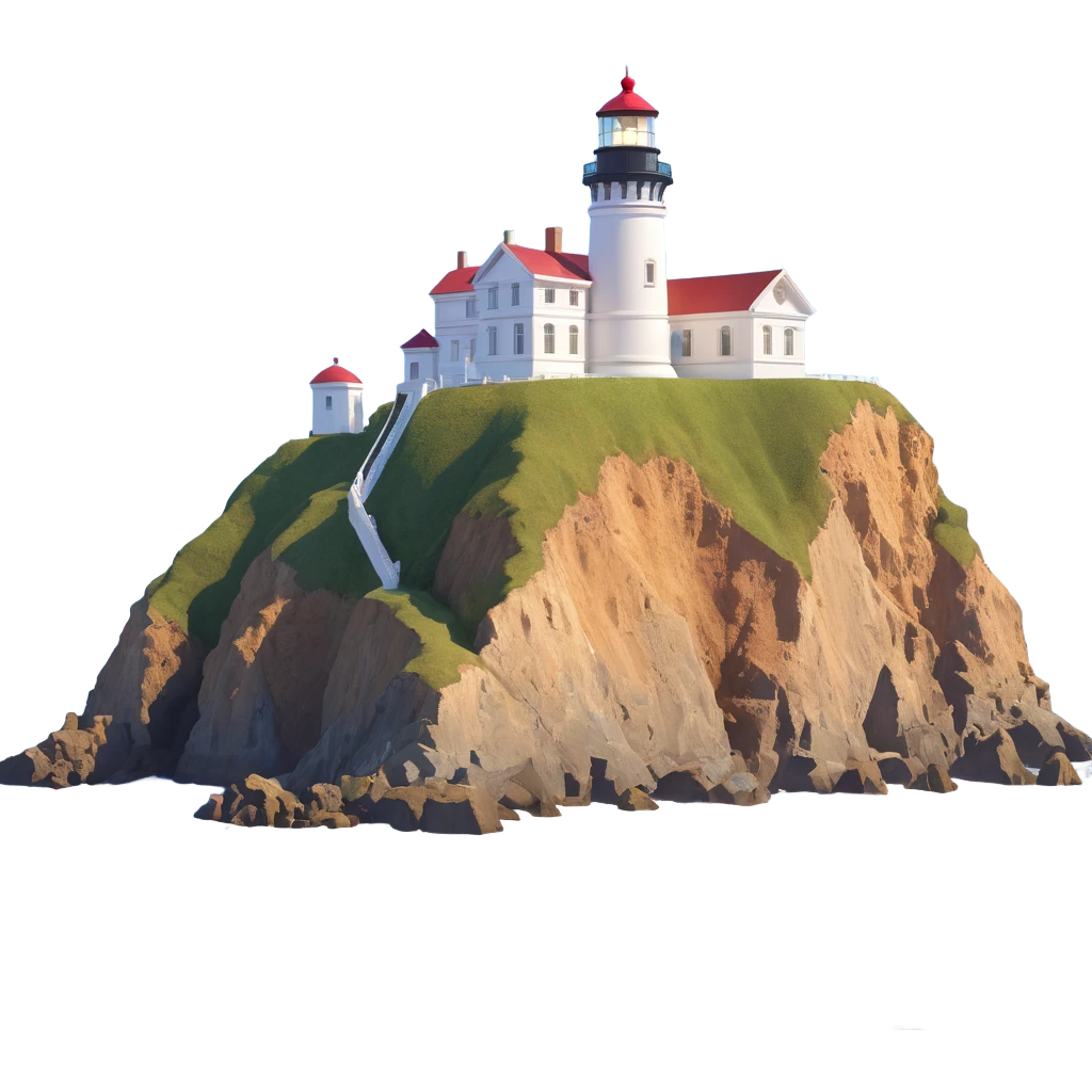 cinematic, realistic emoji of the Point Bonita lighthouse on a majestic cliff, featuring majestic ornate architecture, lifelike detail, bright regal lighting like a sunny day, building in accurate shade of white emoji