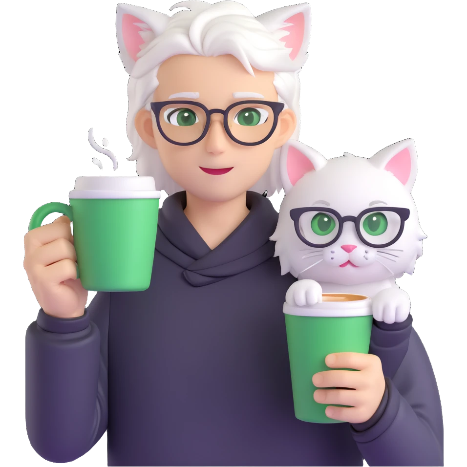 An anime guy with white hair, white cat ears, green eyes, and glasses, holding a coffee cup in his hand and waving emoji