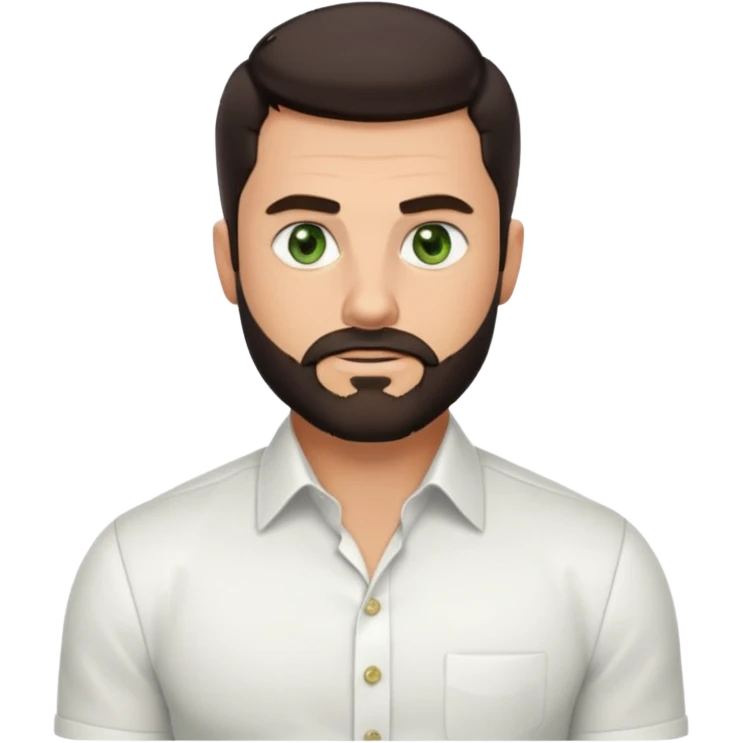 Man with a short full beard, Styled hair, Best looking man in the planet, onepiece style dark hair, green eyes, more realistic style more maskulin. Wearing a white formal shirt, first buttons open macho style, muscular

 emoji