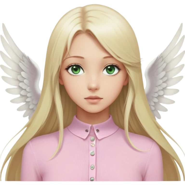 Blonde girl (from the chest up), green eyes, and light skin. Gazing forward. Long, straight hair. Thin lips. A light pink, long-sleeved, tight-fitting knit blouse buttoned in the front with small white buttons, some are undone. White wings protruding from her back, like an angel's. Doe eyes. emoji