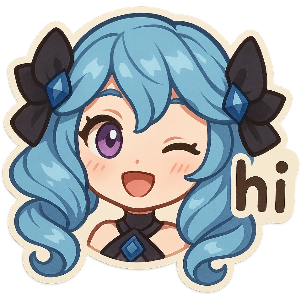Gwen from League of Legends, chibi emote style, only head visible, right eye is purple, 'hi' expression, eyes open, cute and expressive emoji