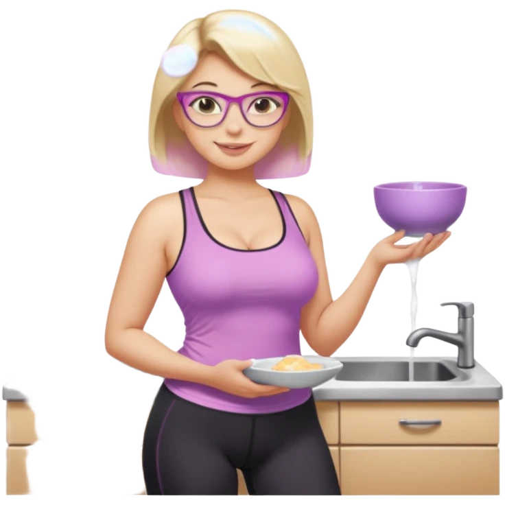 Seductive, Curvy fair skinned woman, short blond hair, small light purple reading glasses, washing dishes, SFW sheer pink tank top, without undergarments showing natural breast shape SFW, black yoga pants, thick booty emoji
