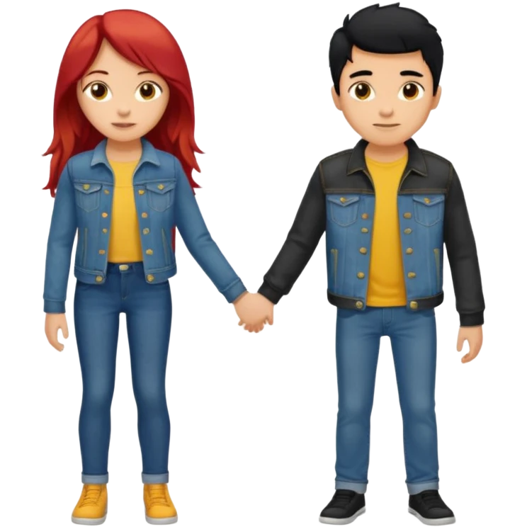 full-length couple, girl with long red hair and brown eyes in blue jeans and yellow top, boy with black hair in denim jacket emoji