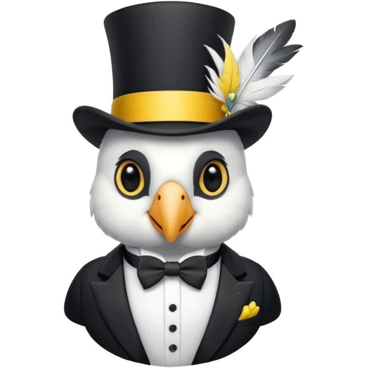 A cockatoo dressed in a tuxedo and a top hat emoji