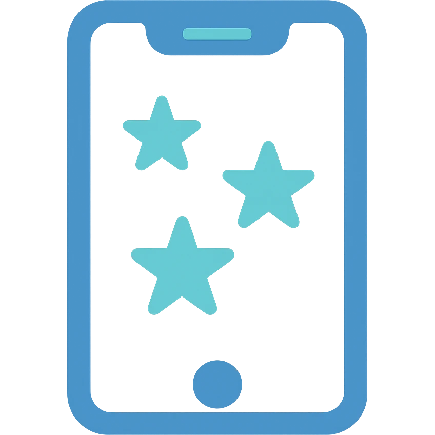 Smartphone icon with three stars, flat emoji style, outline with blue and turquoise colors, screen filled solid white emoji