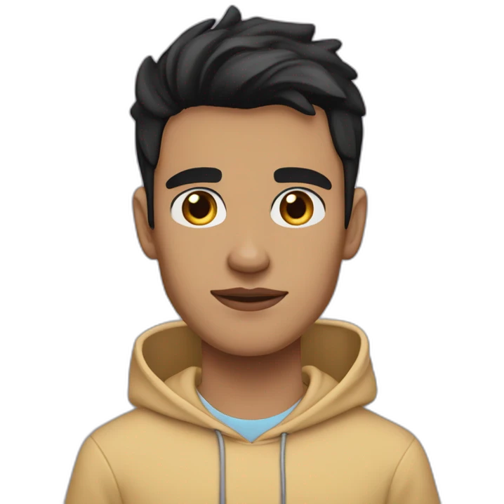 Tan skin with black hair and thick eyebrows young adult male wearing a blue hoodie and define jawline and thin nose and pinkish lips and gold necklace emoji