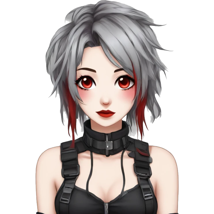 Gorgeous gothic techwear anime style lady with blushing face aesthetic and pretty edgy black red punk messy hair with collar and harness trending style emoji