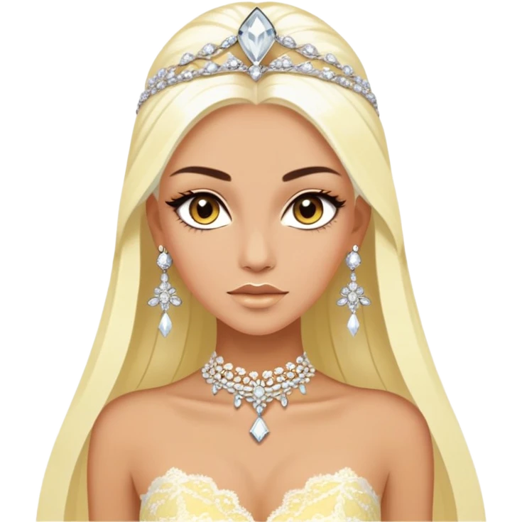 enchantress goddess with brown eyes and tanned skin and super long straight platinum blonde hair wearing a embellished light yellow and white lace gown and diamond chanel earrings emoji
