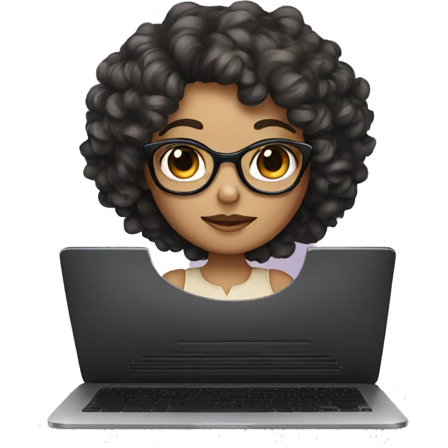 Cute beige skin girl with curly dark black color hair, glasses, and laptop emoji