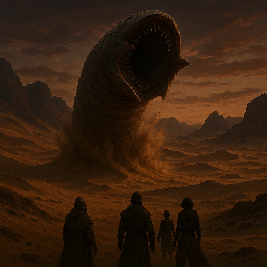 Dune's Arrakis landscape, sandworm erupting from the desert in the midground, three people in the foreground, rocky background, dusk sky, in a cinematic style emoji