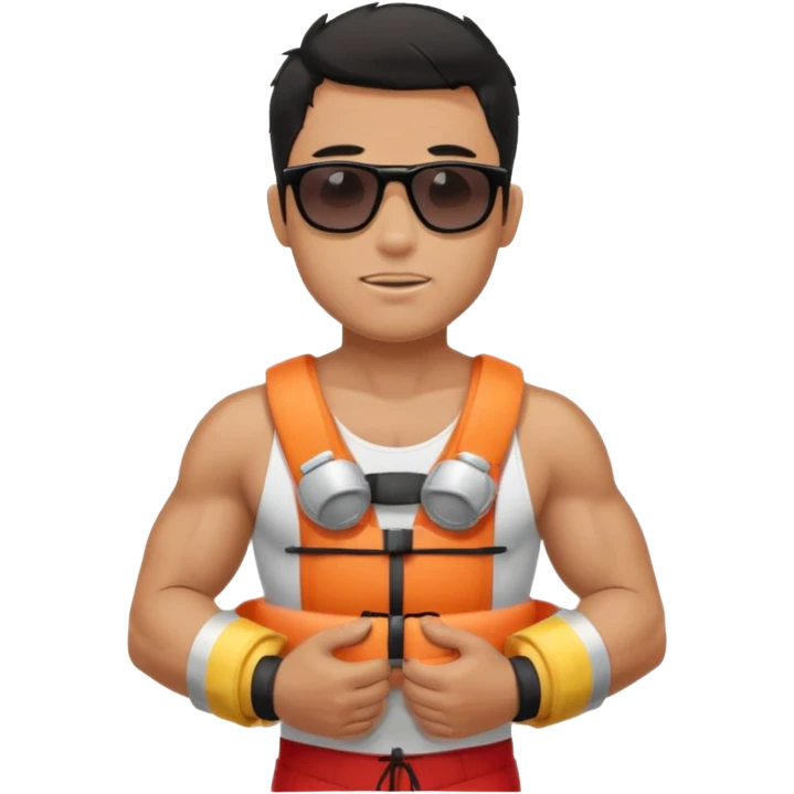Dark Tan Muscular lifeguard without shirt with messy black hair with sunglasses, with life preserver emoji