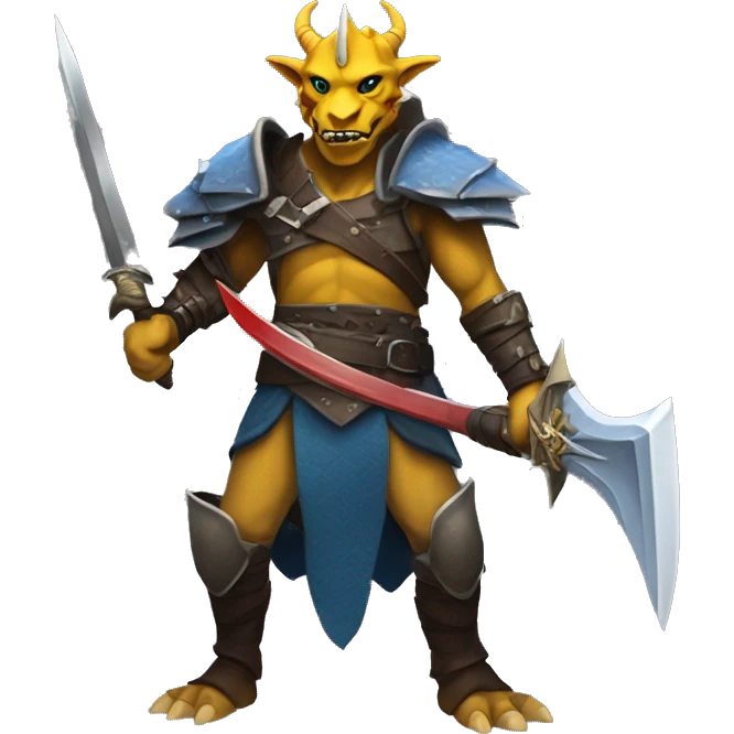     Tall Dragonborn fighter with twin swords  with red blades and yellow Handels and blue scales and black horns   emoji