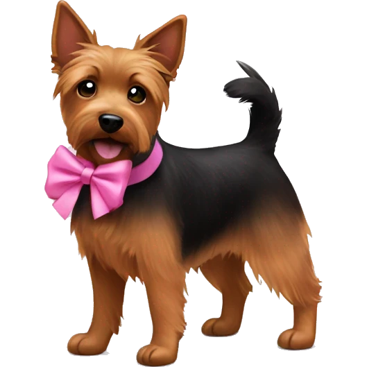 Brown and black Australian terrier dog wearing a pink bow around neck emoji