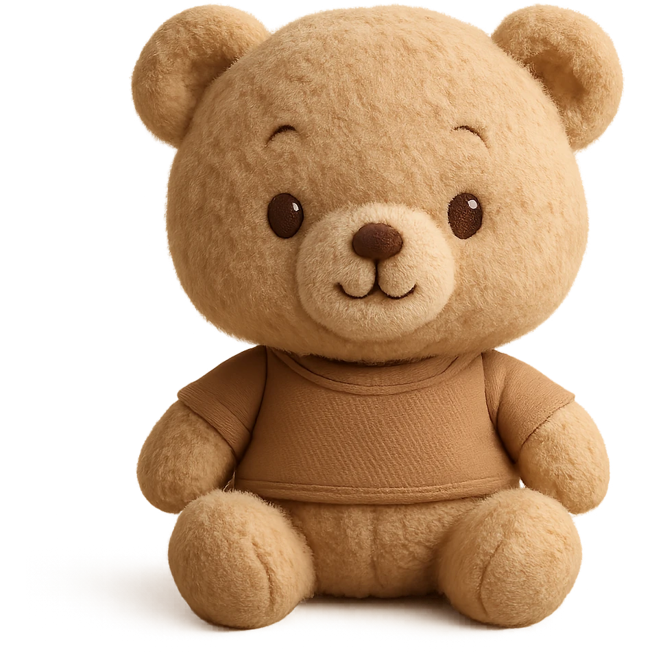 A cute teddy bear plush toy with embroidered eyes and nose, soft fuzzy texture, gentle stitching along the seams, and a warm, friendly expression emoji