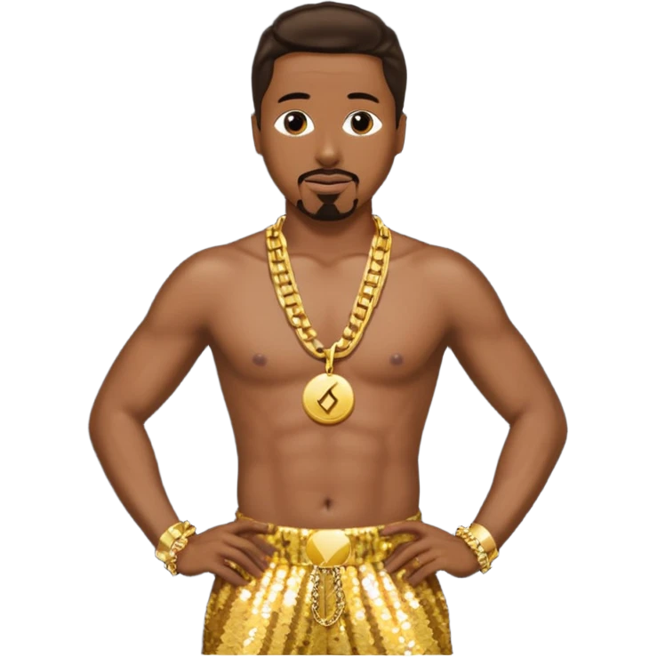 MC Hammer with dark brown hair, gold sequin harem pants, shirtless with necklace emoji
