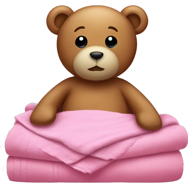 Teddy in bed with pink sheets and a towel emoji