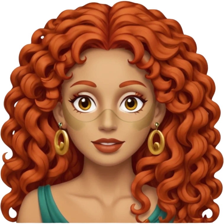 red haired very long curly haired woman with full face clay mask  and big earrings  emoji