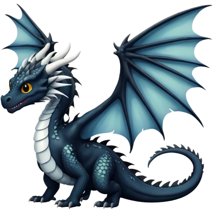 A dragon that is  black 🖤 with white spots. HUGE wings and a tail emoji